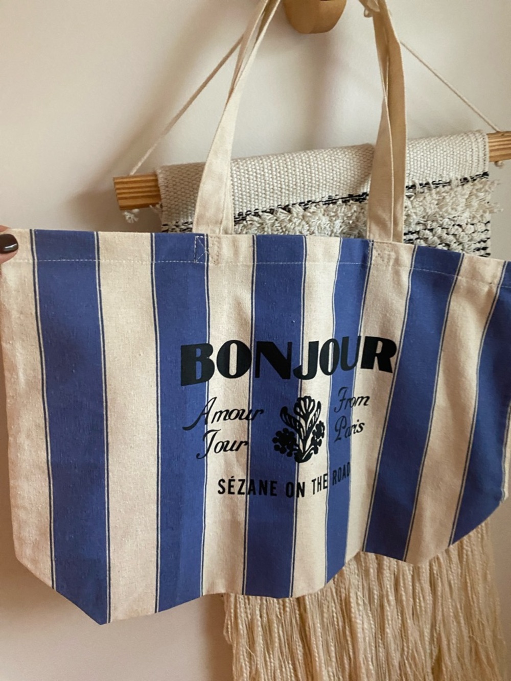 Sezane Blue and Cream Striped 'Bonjour' Canvas Tote